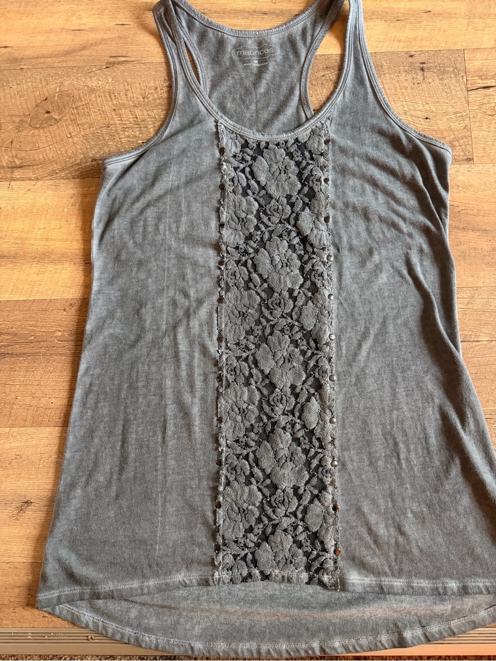 Maurices Grey Lace Panel Studded Racerback Tank Top M Fairy Grunge Y2K Boho